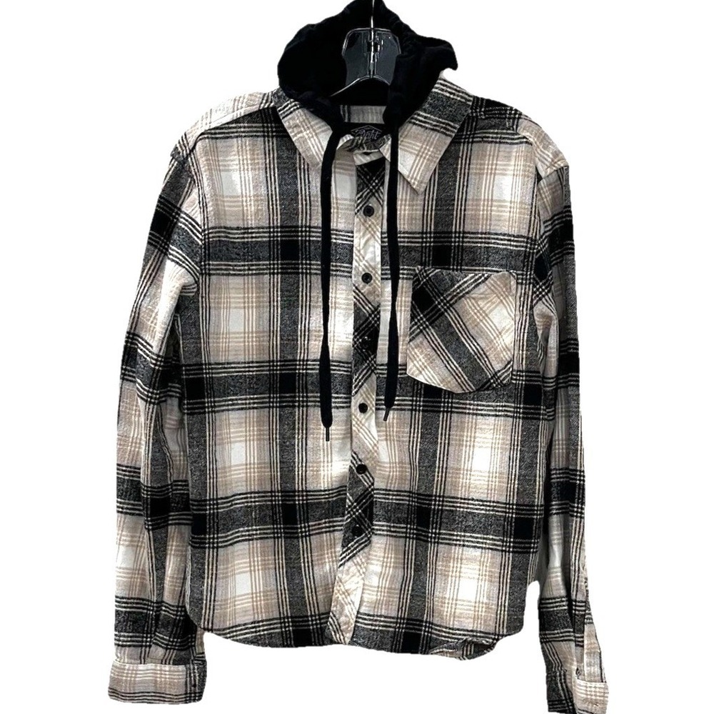 Eighty Eight Men's Hoodie Flannel Shirt Size M Beige Black Plaid Front Pocket